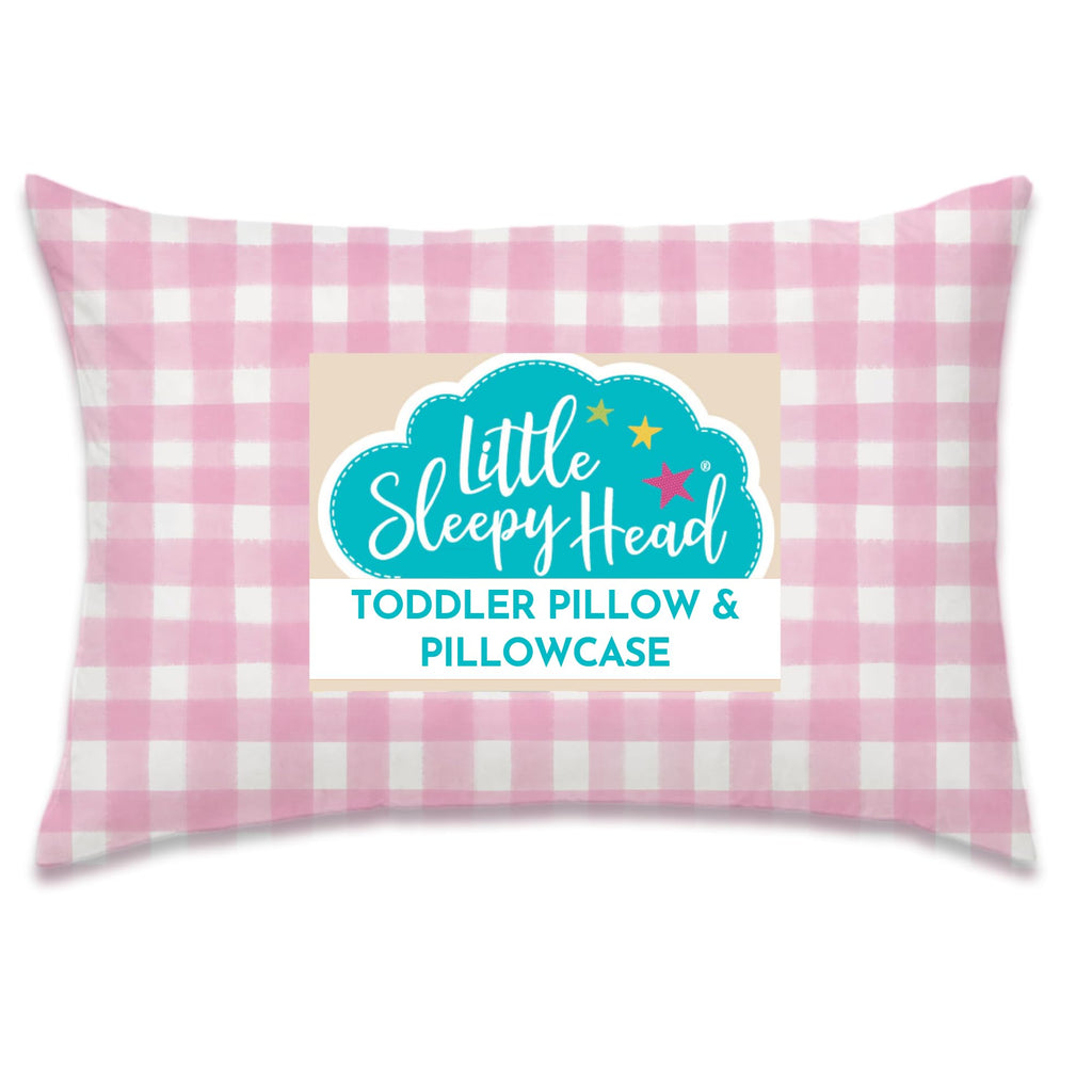 Little Sleepy Head Toddler Pillow with Cotton Pillowcase – 13x18 Kids Pillow for Ages 2–5 – Soft Hypoallergenic Toddler Bed Pillow for Travel, Daycare & Preschool – Envelope Pillowcase (Gingham Pink)
