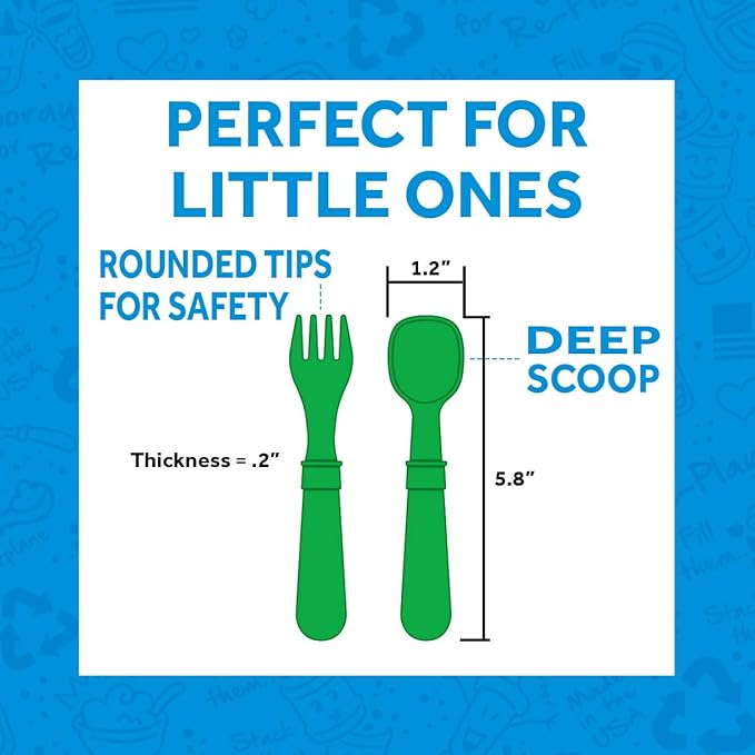Re-Play 3x3 Divided Toddler Plates and Utensils Set - Toddler Forks and Spoons Set - Dishwasher and Microwave Safe - Made in USA - True Blue