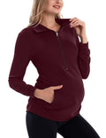 GINKANA Maternity Tops Comfortable Long Sleeve Lightweight Zip-up Shirts with Kanga Pocket,Wine Red,XL