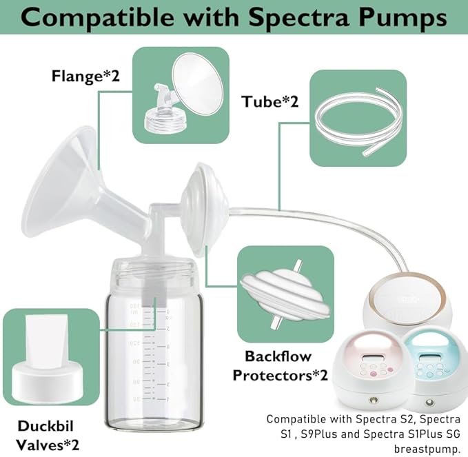 19mm Flange Pump Parts Compatible Spectra S1 S2 9 Breast Pumps Replacement,Full Set Replacements Include Flange Backflow Protector Membrane Duckbill Valve Tube,Not Original Accessories