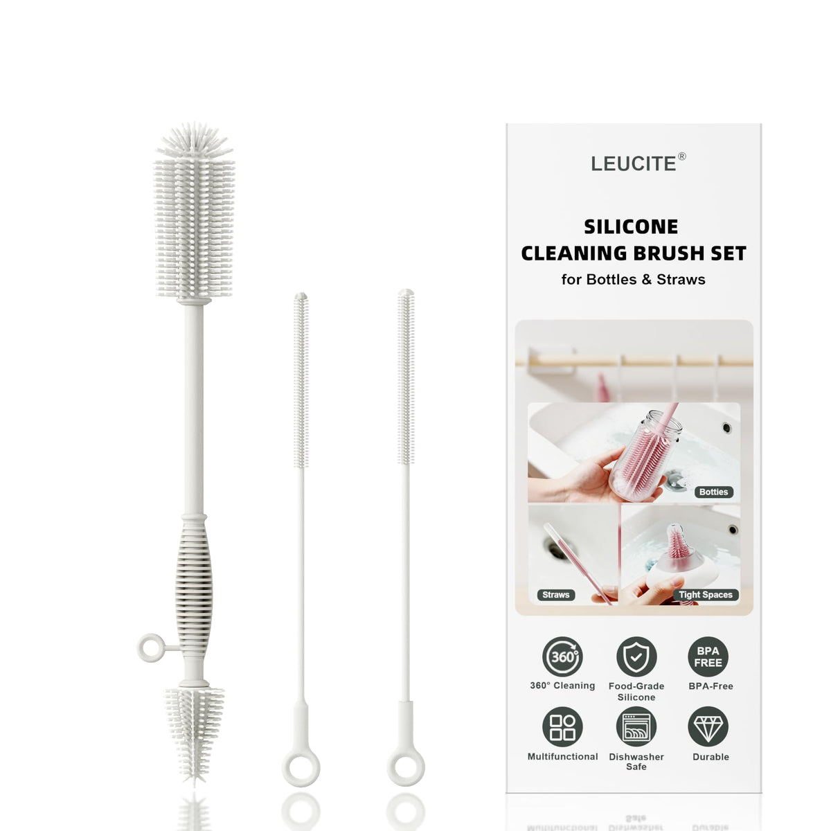 Reusable Silicone Straw Cleaner Brush Set, 2-Pack Extra Long Straw Cleaning Brush for Metal/Glass/Water Bottle/Drinking Straws, Flexible&Bendable Design, Dishwasher Safe, 6mm & 8mm Diameter
