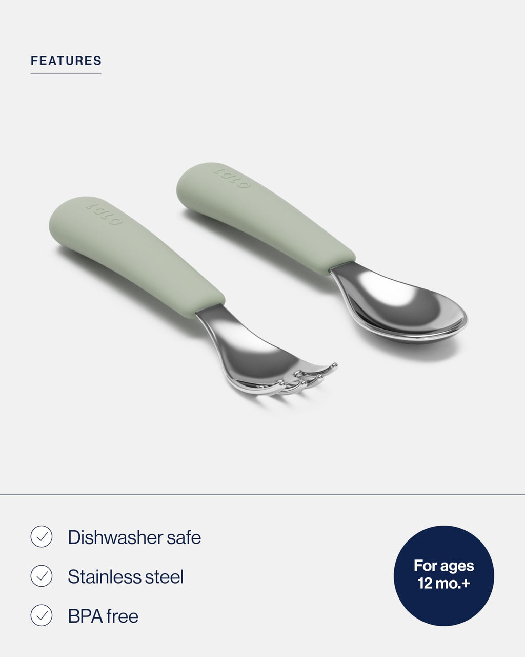 Lalo Utensils - Toddler Fork and Spoon Set - Stainless Steel and Silicone Ergonomic Toddler Utensils - Children Safe Flatware Set - 2 Pieces - Sage