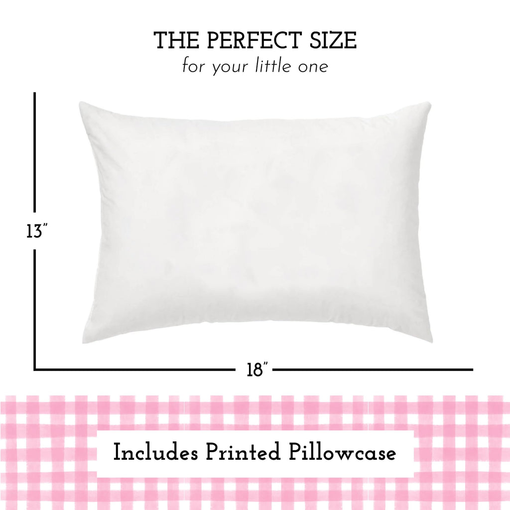 Little Sleepy Head Toddler Pillow with Cotton Pillowcase – 13x18 Kids Pillow for Ages 2–5 – Soft Hypoallergenic Toddler Bed Pillow for Travel, Daycare & Preschool – Envelope Pillowcase (Gingham Pink)
