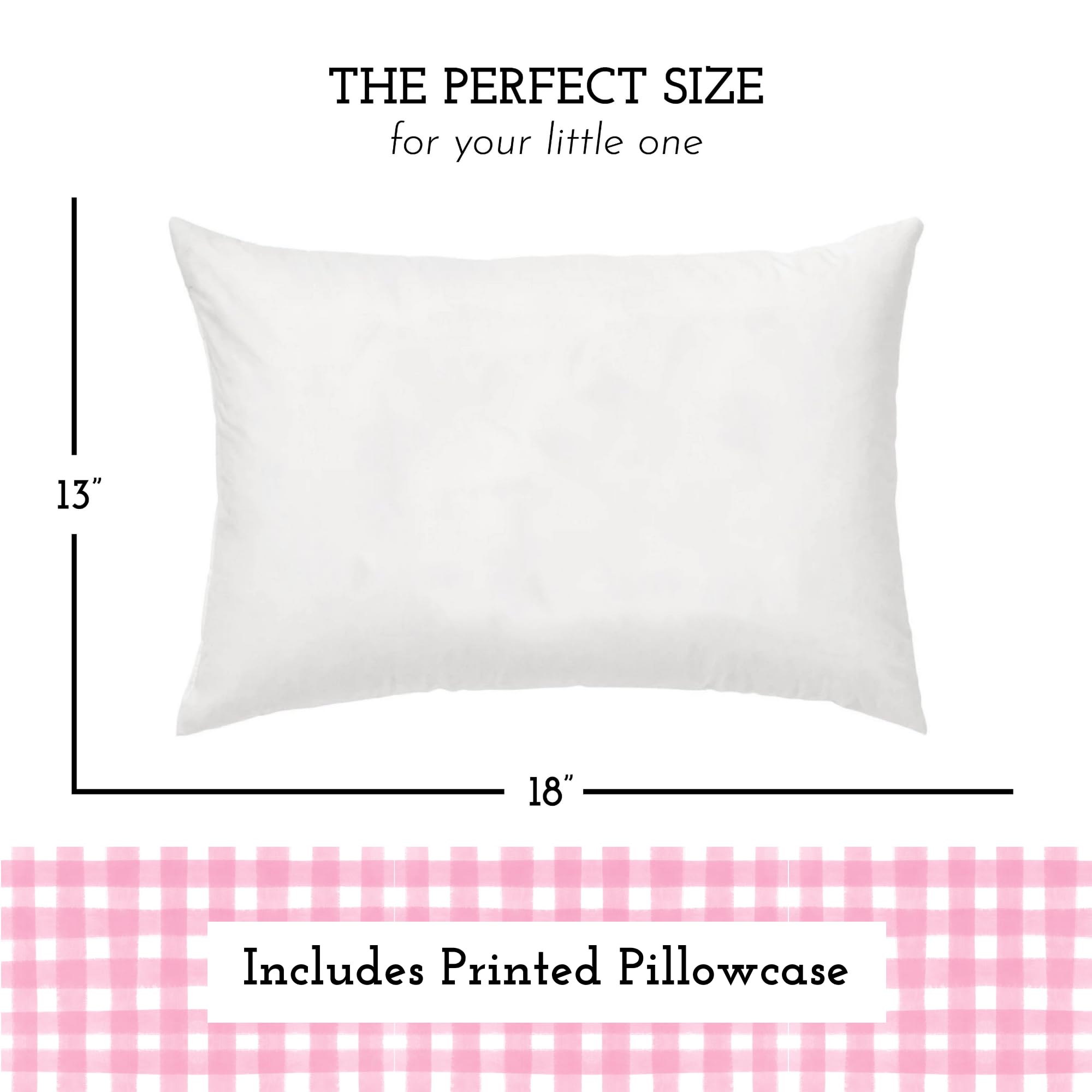 Little Sleepy Head Toddler Pillow with Cotton Pillowcase – 13x18 Kids Pillow for Ages 2–5 – Soft Hypoallergenic Toddler Bed Pillow for Travel, Daycare & Preschool – Envelope Pillowcase (Gingham Pink)