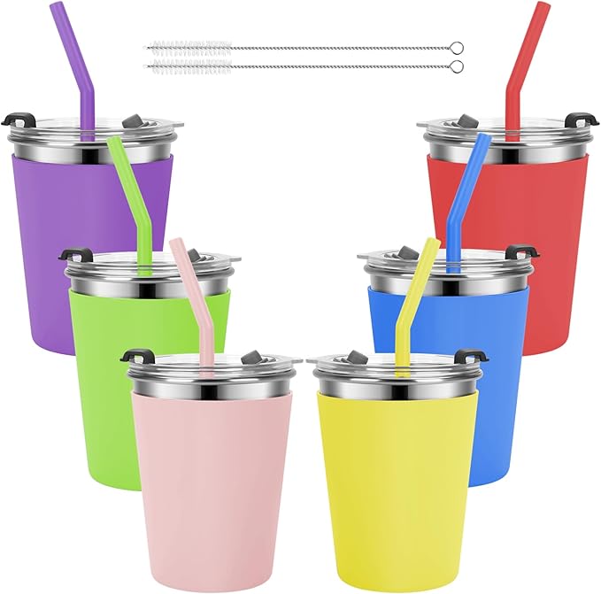 Kids Cups with Lids and Straws, 12oz Toddler Tumblers with Straws and Lids Spill Proof Cup for Kids Stainless Steel Sippy Cups for School, Outdoor, 6 Pack