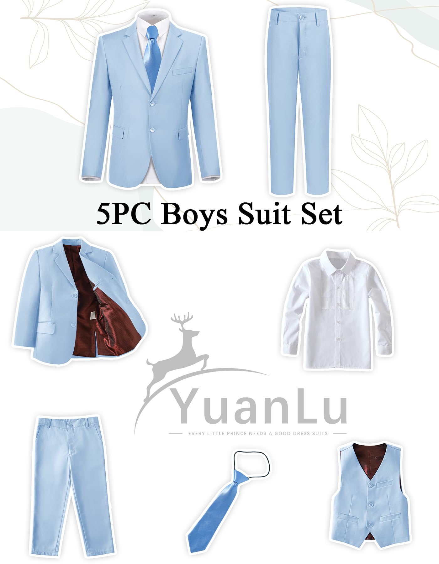 YuanLu Boys Slim Fit Tuxedo Light Blue Easter Outfit Toddler Suit Size 6