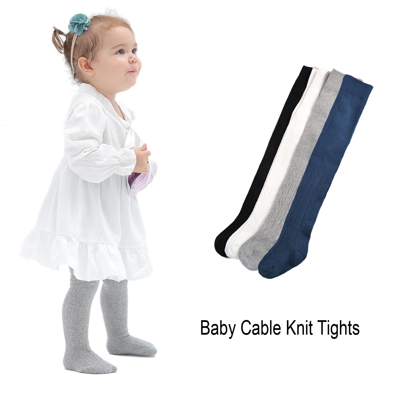 EPEIUS Baby Tights Newborn Girl Seamless Cable Knit Leggings Thick Cotton Stockings Footed Pants Pantyhose Clothes 0-3 Months 3 Pairs Pack,Black/Ivory/Light Grey/Navy