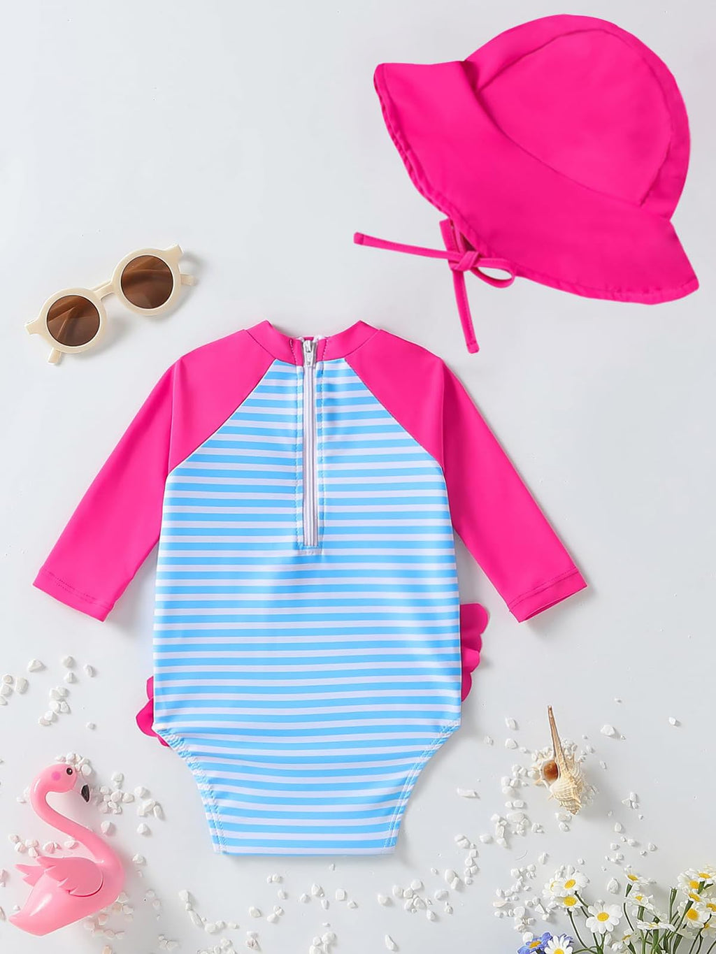 WOLBAY Baby Girl Swimsuit Long Sleeve One Piece Rash Guard with Sun Hat Zipper Bathing Suit 0-2T 12-18 Months, Flamingo