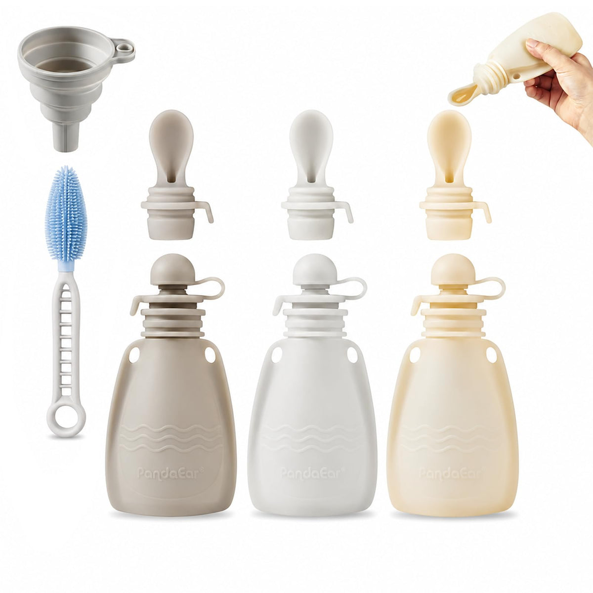 PandaEar 3 Pack Silicone Baby Food Pouches, Reusable Squeeze Pouches for Toddler with 3 Silicone Puree Feeder Spoon, BPA-Free Silicone Refillable Infant Food Storage, 5 oz (Light Tan&Walnut&Grey)