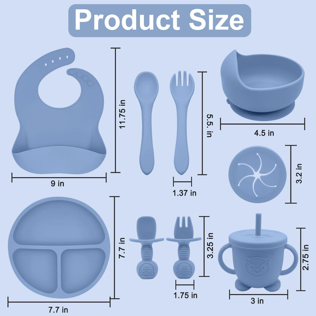 Munlinder Silicone Baby Feeding Set | Baby Led Weaning Supplies Includes Suction Bowls and Divided Plates, Adjustable Bib, Baby Utensils Spoons and Forks,Cup | Baby Feeding Essentials (Deep Blue)