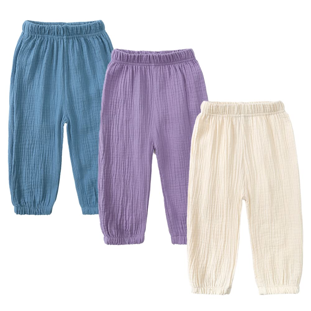 MYGBCPJS Baby Boys Girls 3 Pack Cotton Linen Long Bloomers Ankle Length Trousers Kids Lightweight Elastic Waist Harem Pants