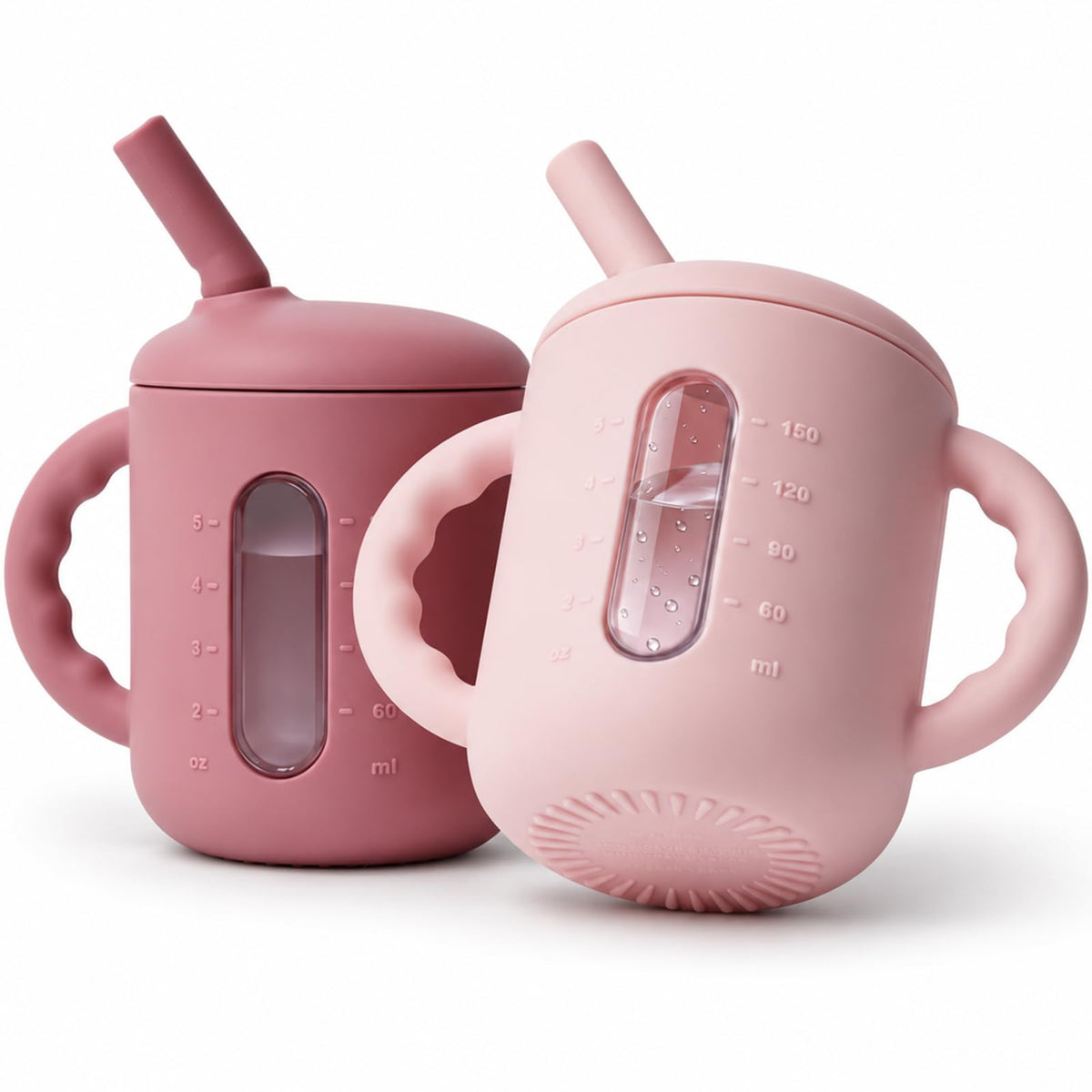 Seposeve 2 Pack Silicone Sippy Cups for Babies 6+ Months, 6 oz Straw Training Cups with Handles, Leak-Resistant Bite-to-Sip Valve, Liquid Level Window, BPA-Free, Purple Pink