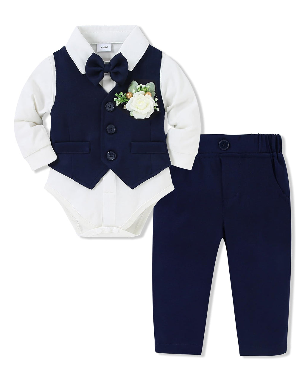 SANMIO Baby Boy Clothes Suits Infant Gentleman Outfit Collared Dress Shirt+Vest+Tie+Corsage+Pants 5Pcs Baby Suit Sets Navy Blue