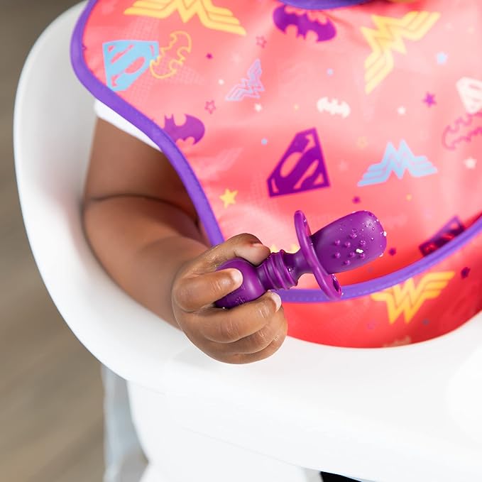 Bumkins Baby Utensils Set, Chewtensils Silicone Spoons for Dipping, Self-Feeding, Baby Led Weaning, Trainer Learning, First Stage Eating, Soft Practice Fork and Spoon, Babies 6 Months, Purple