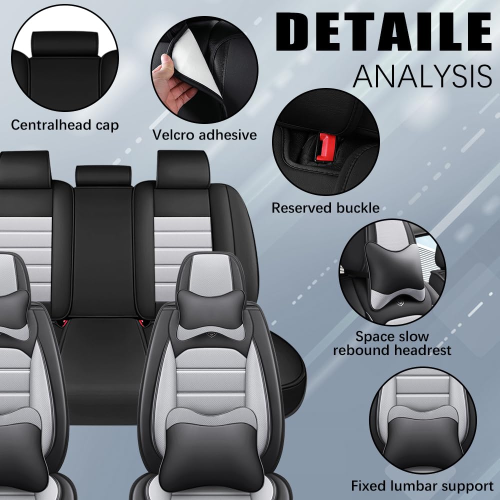 LEYPOCO Leather Seat Cover for Ford Edge 2010-2026,Waterproof Soft Seat Covers,Interior Accessories Seat Covers Cushion Vehicle Protector Airbag Compatible(Black&Gray,Full Set with Pillow)