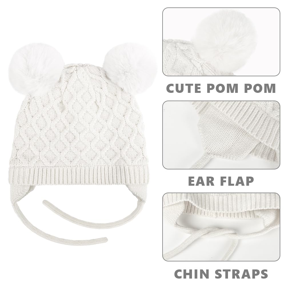 Labeol Baby Hats, Soft Warm Winter Knit Toddler Beanie with Windproof Earflap, Baby Beanie with Cute Pom-pom Ears, Fall Winter Hats for Toddler Kids Girls Boys (0-6M, White)