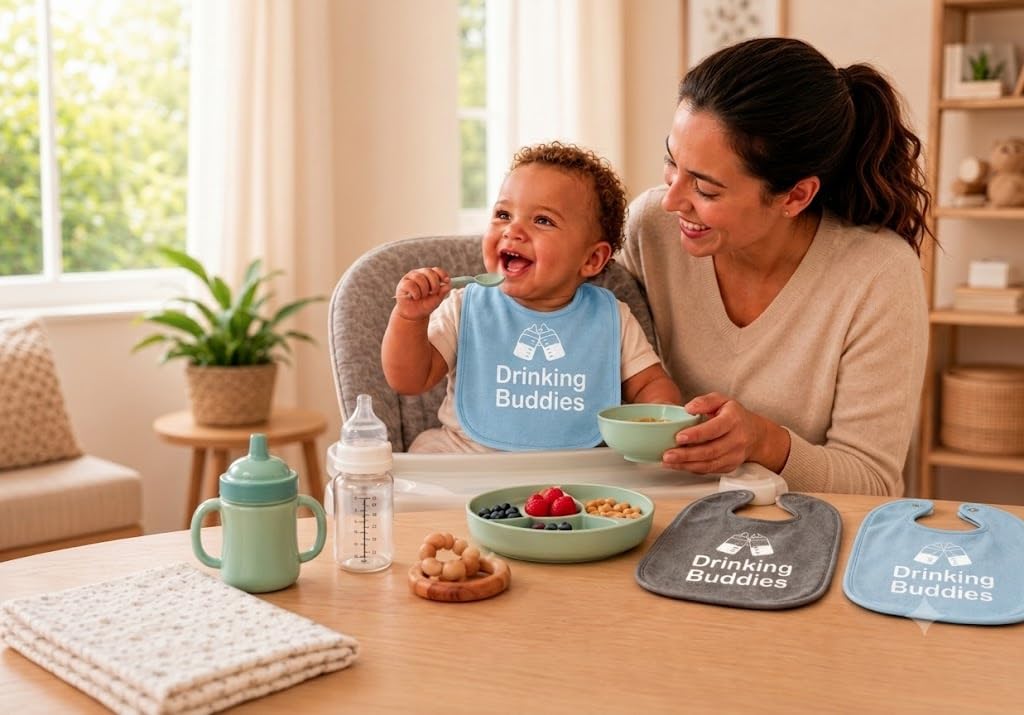 100% Cotton Drinking Buddies Twin Bibs for Babies – Soft, Cute & Practical Waterproof, Durable, Unisex Bibs for Twins. Ideal for Mess-Free Feeding, Everyday Use, and Protecting Clothing from Spills