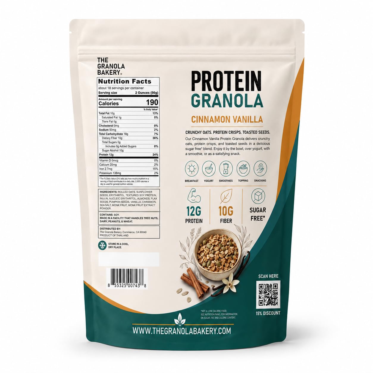 TGB Cinnamon Granola Cereal, 10g Protein, 10g Fiber, Sugar Free, 2.2lb Bag