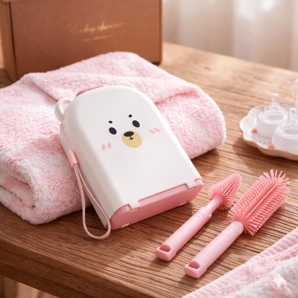 Travel Bottle Cleaner kit, 7in1 Baby Travel Gear Essential Silicone Travel Bottle Brush Set Nipple Drying Rack, Straw Breast Pump Cleaning Soap Dispenser Organizer Case Mon Gift (Pink)