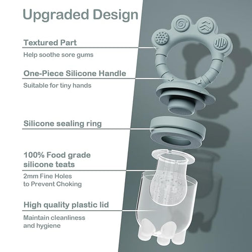 2 Pack Baby Fruit Feeder + Breastmilk Popsicle Molds，Perfect for Teething Relief，Fresh Food Feeder for Safe Infant Self Feeding，Extra Silicone Clips，(Ether/Grey)