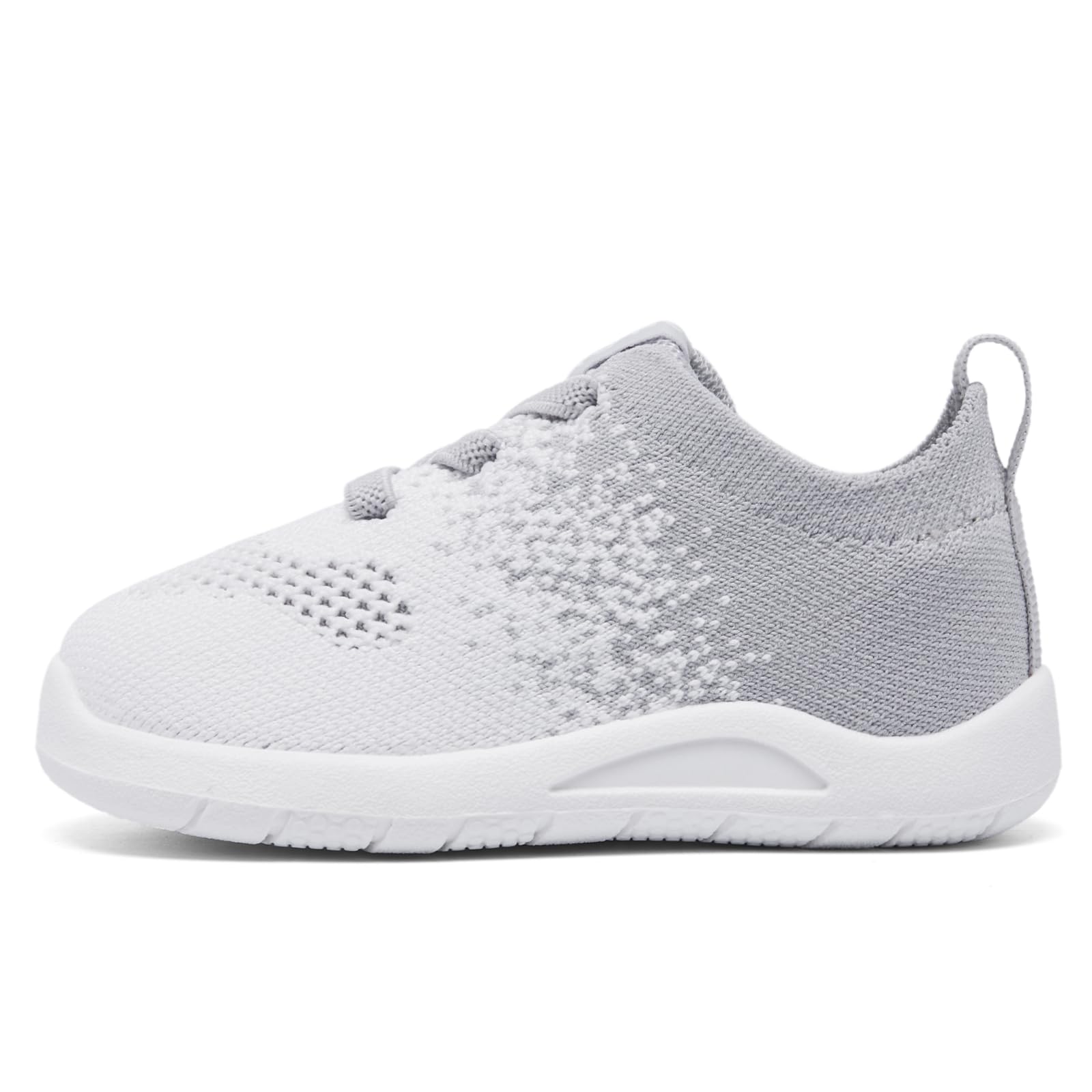MORENDL Toddler Sneakers Baby Non-Slip Lightweight Breathable Barefoot Shoes Infant Tennis Walking Shoes White Grey Mesh 15-18 Months