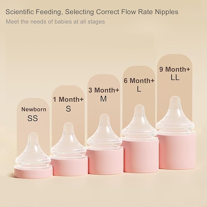 Gulicola Natural Glass Baby Bottle 4 Pack, Newborn Breastfeeding Bottles Set, Extra Slow Flow Nipples (SS), Anti Colic, 0 Months+, 5 oz - Pink
