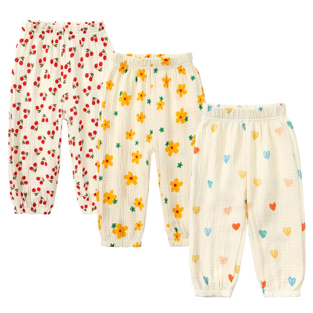 MYGBCPJS Baby Boys Girls 3 Pack Cotton Linen Long Bloomers Ankle Length Trousers Kids Lightweight Elastic Waist Harem Pants