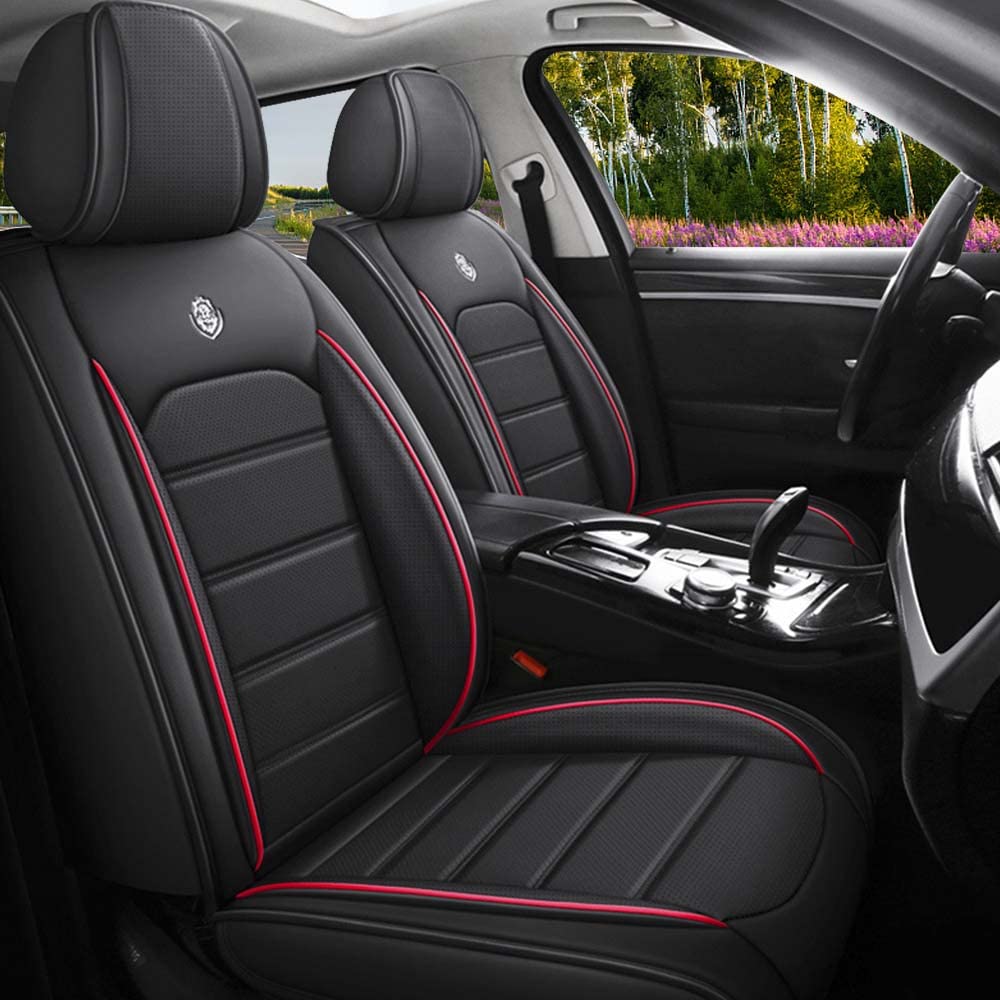 LEYPOCO Leather Seat Cover for Ford Edge 2010-2026,Waterproof Soft Seat Covers,Interior Accessories Seat Covers Cushion Vehicle Protector Airbag Compatible(Black&Red,Full Set)