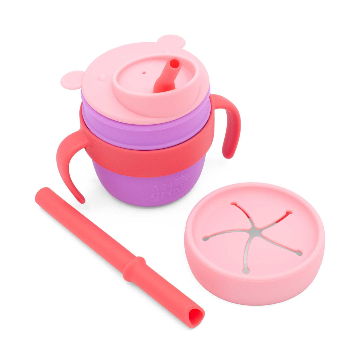 321 Grow Easy Learn Drink and Snack Set – Baby + Toddler Silicone Learning Cup & Snack Set, Training Cup for Straw and Open Cup Independence – Dishwasher Safe (Plum)
