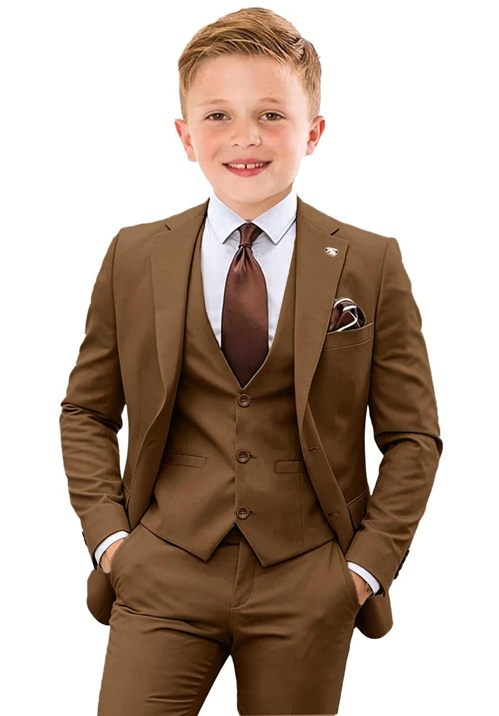 Brown Suits for Boys Dress Clothes Slim Fit Boy Suit Formal 3 Piece Set Wedding Tuxedo Ring Bearer Outfit Size 12