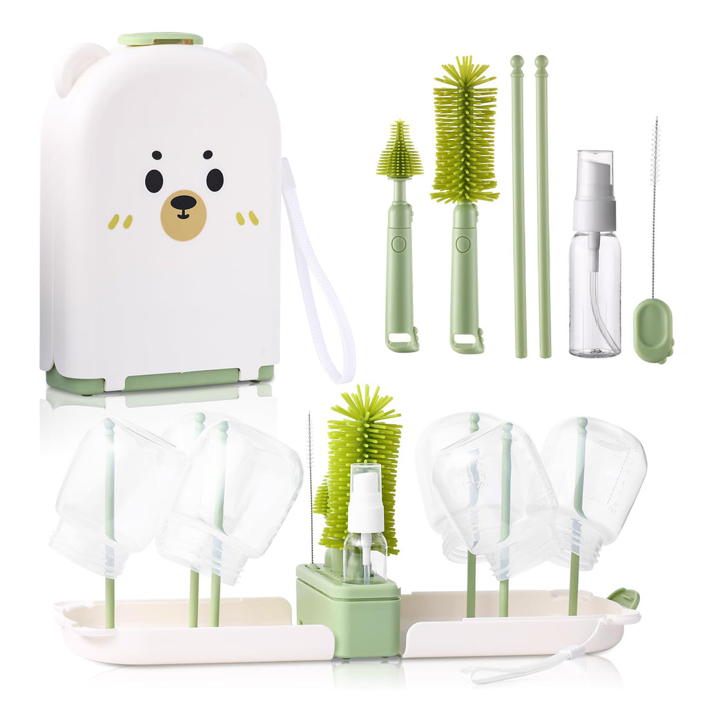 Travel Bottle Cleaner Kit Baby Bottle Cleaner Brush Set Portable Bottle Cleaning Kit Set Silicone Brush, Nipple Brush, Straw Brush, Dispense Detergent Dispenser, Drying Rack - 6 in 1