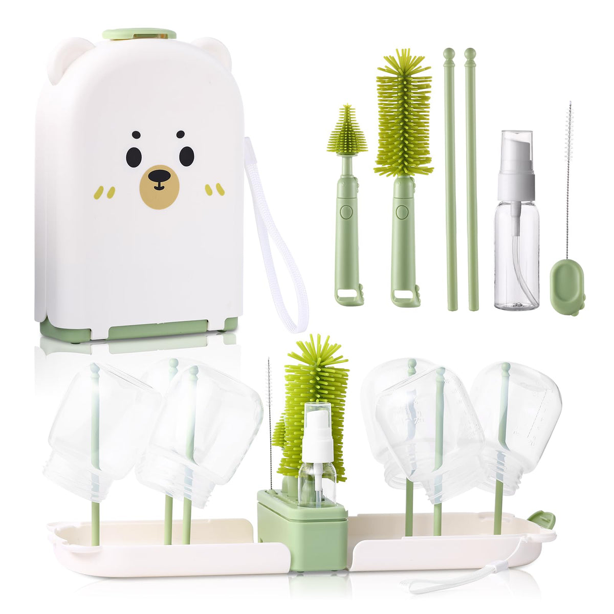 Travel Bottle Cleaner Kit Baby Bottle Cleaner Brush Set Portable Bottle Cleaning Kit Set Silicone Brush, Nipple Brush, Straw Brush, Dispense Detergent Dispenser, Drying Rack - 6 in 1