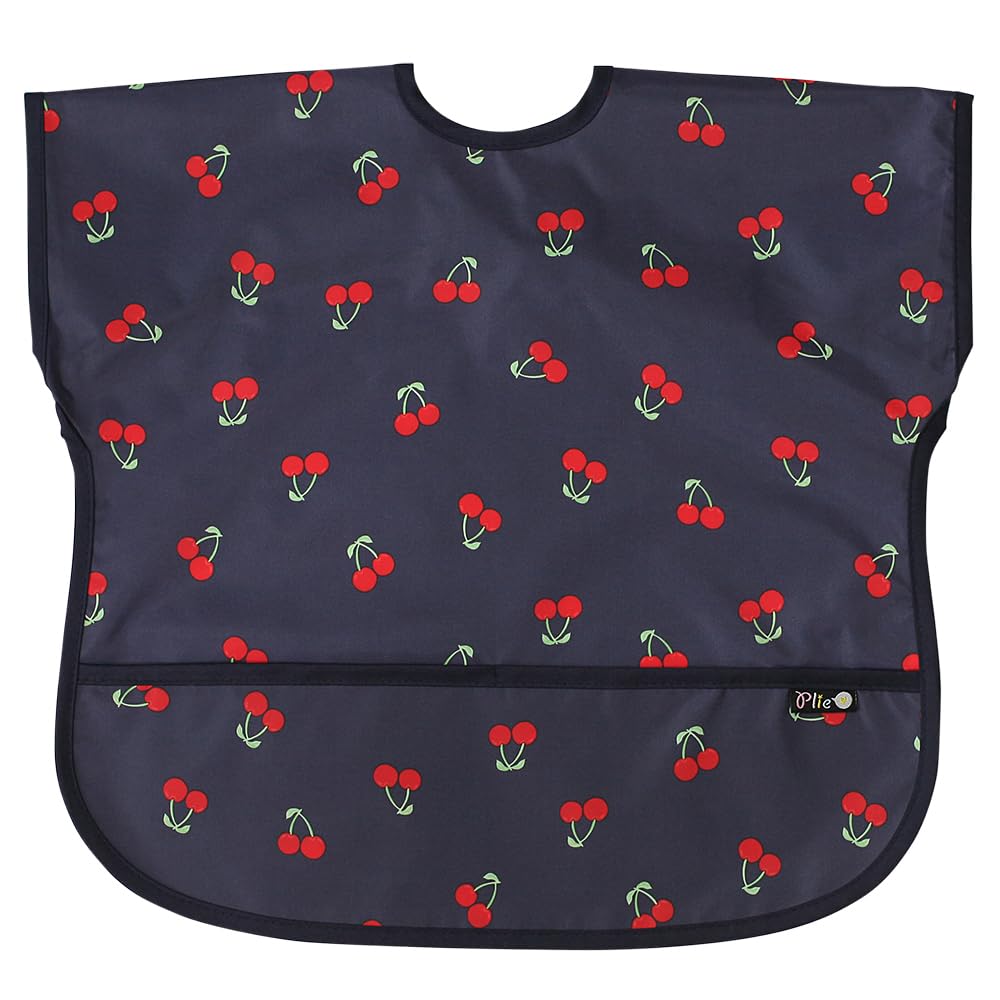 Plie Short Sleeve Waterproof Bib for Toddlers – Easy Clean Feeding Apron for Mealtime, Daycare, Self-Feeding & Messy Play, Lightweight BPA-Free Baby Bib (6–24 Months) - Navy Cherry