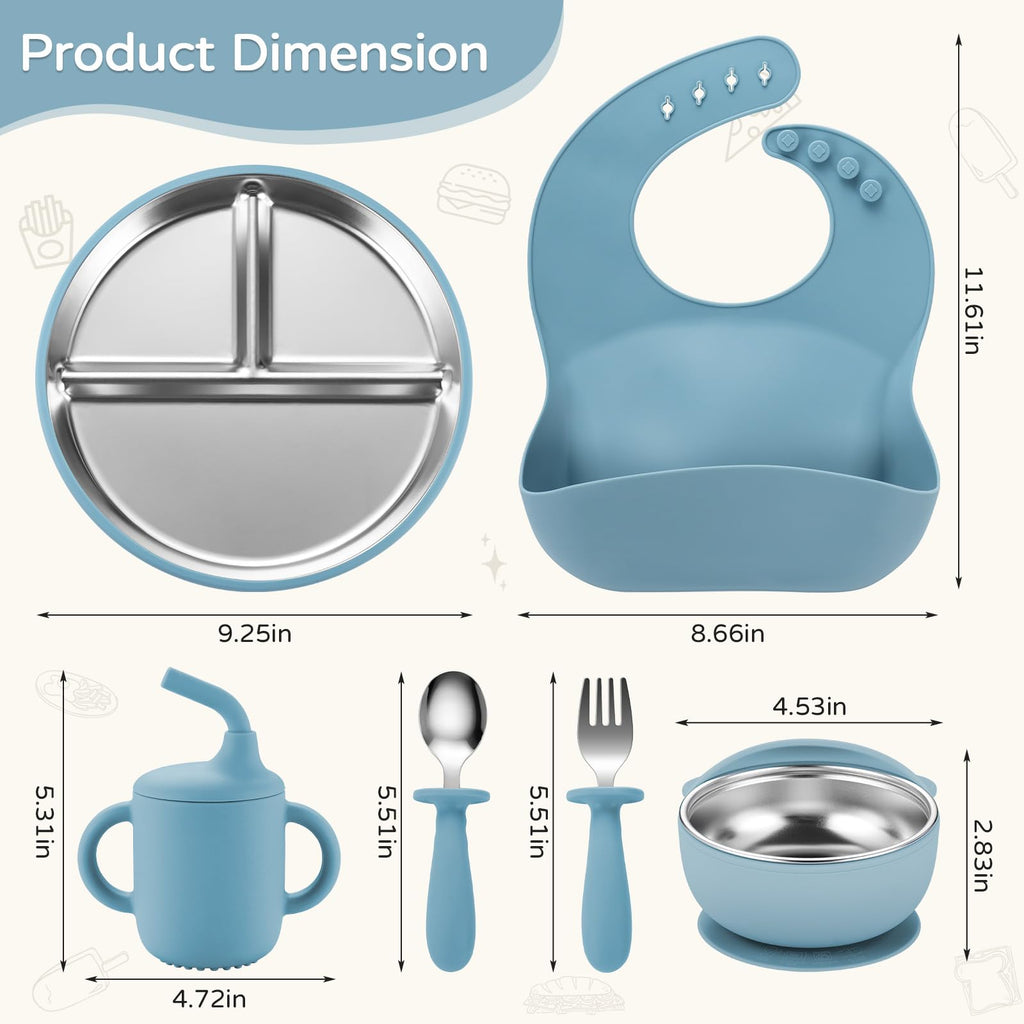 Toddler Plates and Bowls Set Stainless Steel - Bathchef Baby Feeding Set Strong Suction, BPA Free Durable Divided Plates, Safe Self Baby Feeding Utensils,Cup,Spoon,Fork,Dishwasher Safe,6pcs,Blue