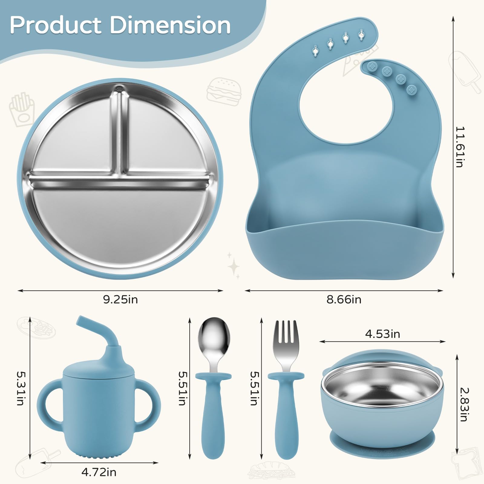 Toddler Plates and Bowls Set Stainless Steel - Bathchef Baby Feeding Set Strong Suction, BPA Free Durable Divided Plates, Safe Self Baby Feeding Utensils,Cup,Spoon,Fork,Dishwasher Safe,6pcs,Blue