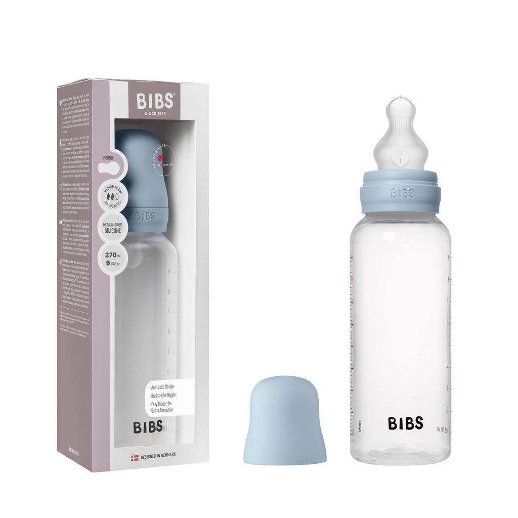 BIBS Plastic Baby Bottle, 270 ml, 1-Pack, Silicone Nipple, Baby Blue