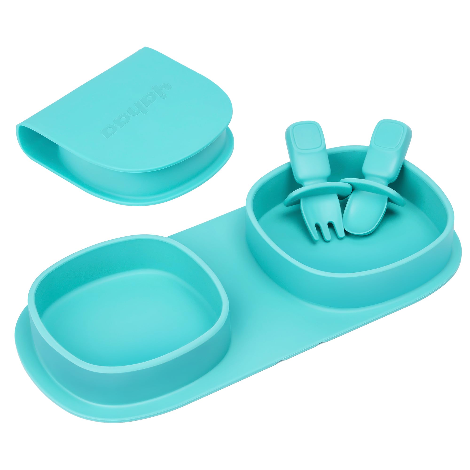 yahaa Silicone Baby Foldable Dinner Plates with Forks and Spoons, Aqua