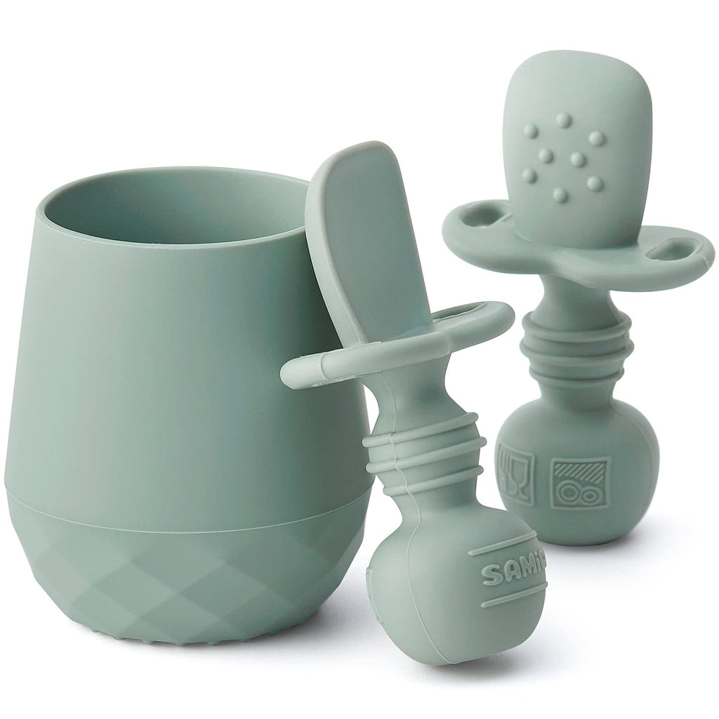 SAMiGO Silicone Baby Open Cup and Self Feeding Spoons Set, 6+ Months, 3 Pcs