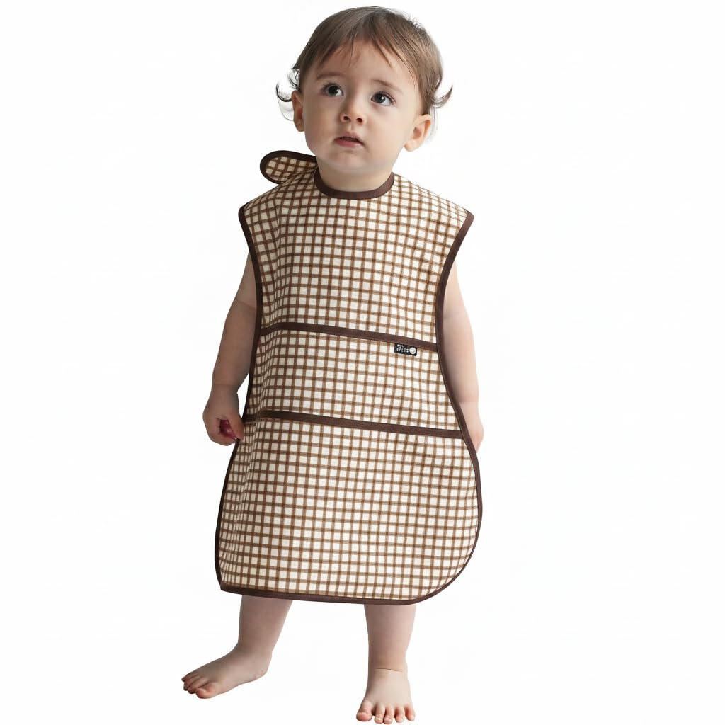 Plie Full Coverage Waterproof Feeding Bib for Toddlers – Extra Long Apron Bib for Mealtime, Self-Feeding, High Chair, Food Catcher, BPA-Free, Easy to Clean – Brown Check