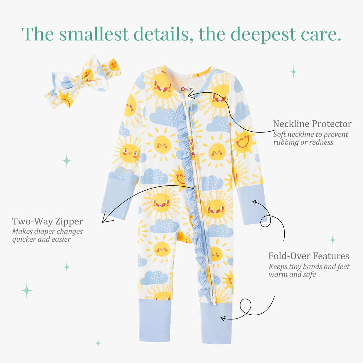 PATPAT Baby Girl Infant Clothes Footie – Soft Viscose from Bamboo, Stretch Feel – 2-Way Ruffled Zipper, Fold-Over Mittens & Cuffs Pink Flower 6-9 Months
