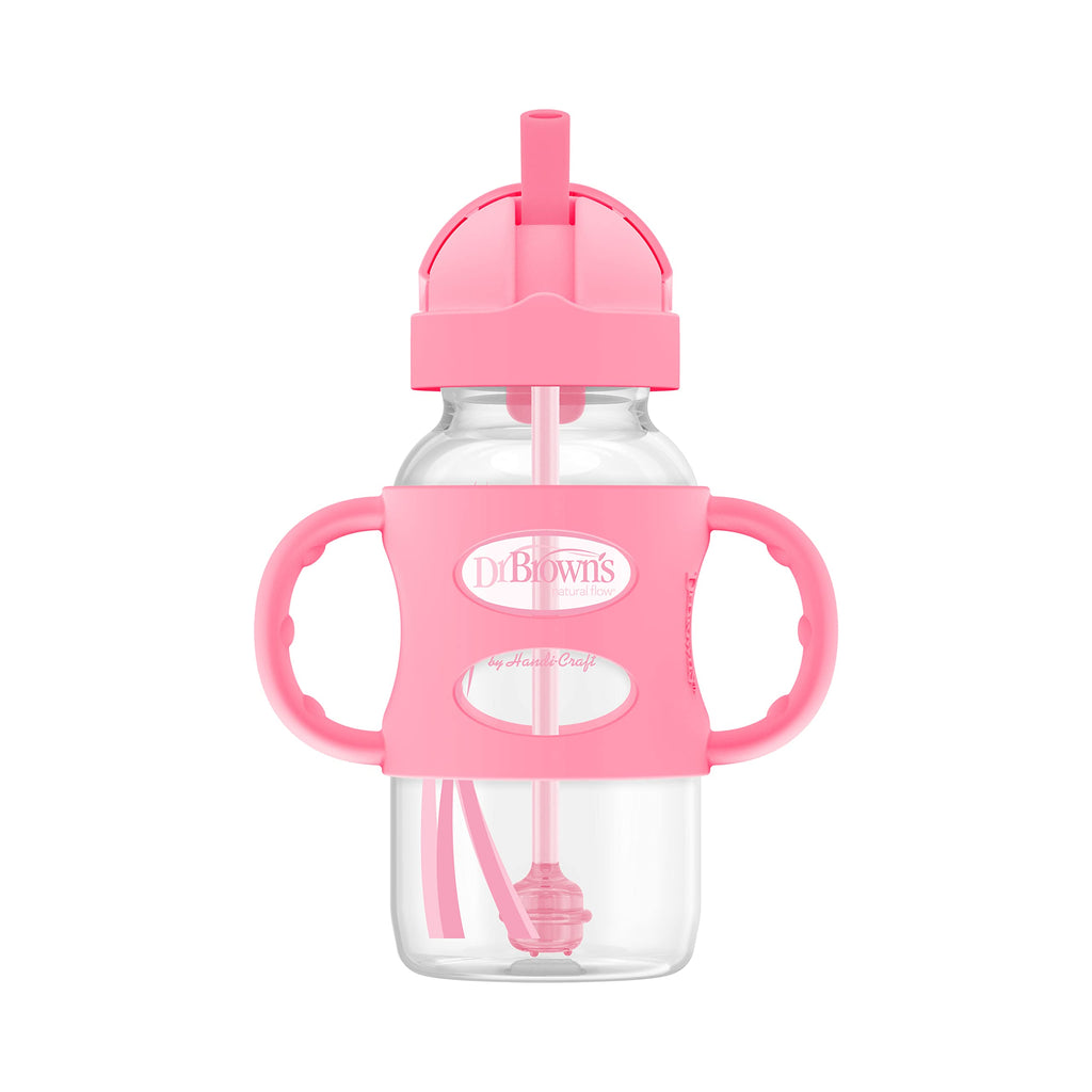 Dr. Brown's Wide-Neck Sippy Straw Bottle with Handles, Pink, 9oz/270ml, 1-Pack