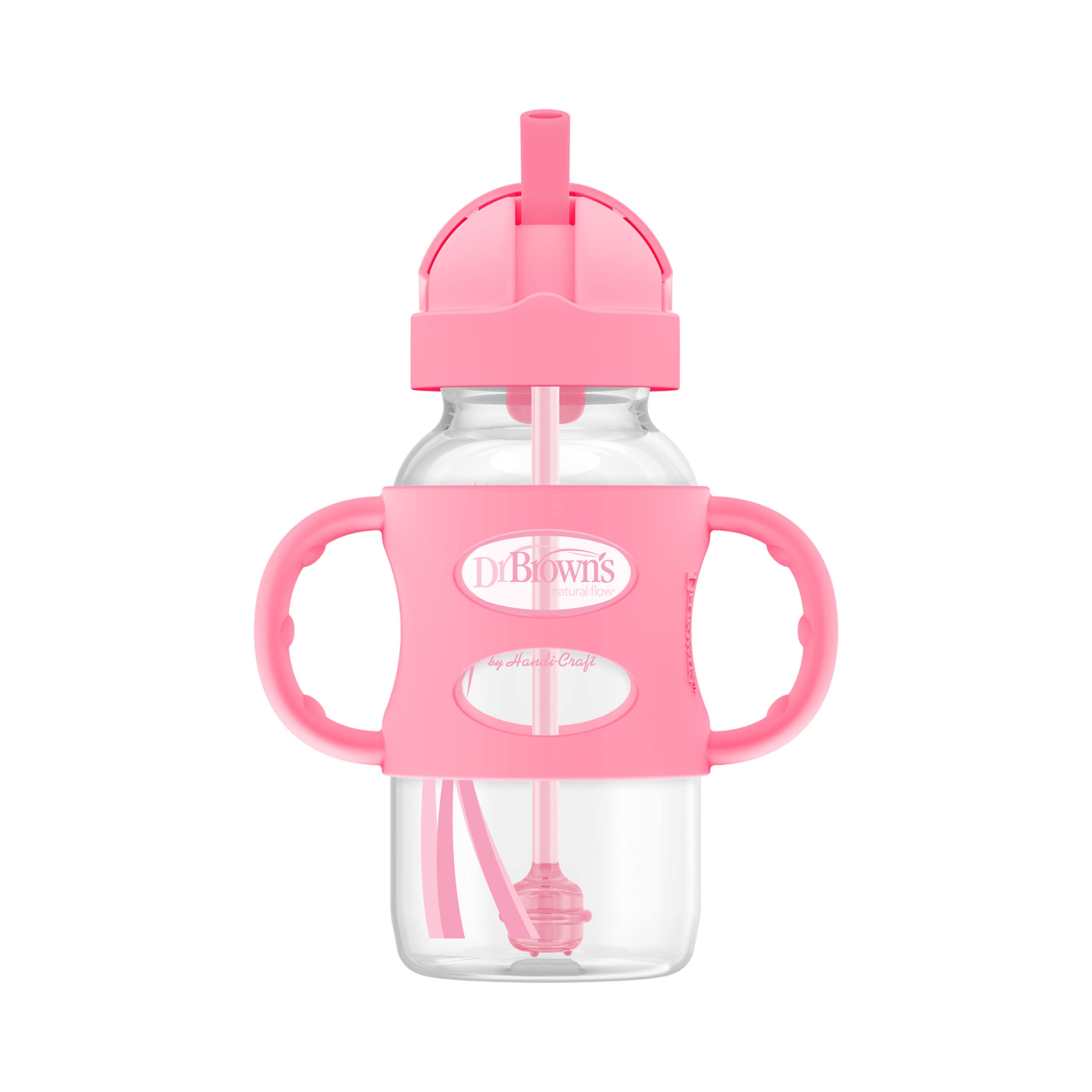 Dr. Brown's Wide-Neck Sippy Straw Bottle with Handles, Pink, 9oz/270ml, 1-Pack