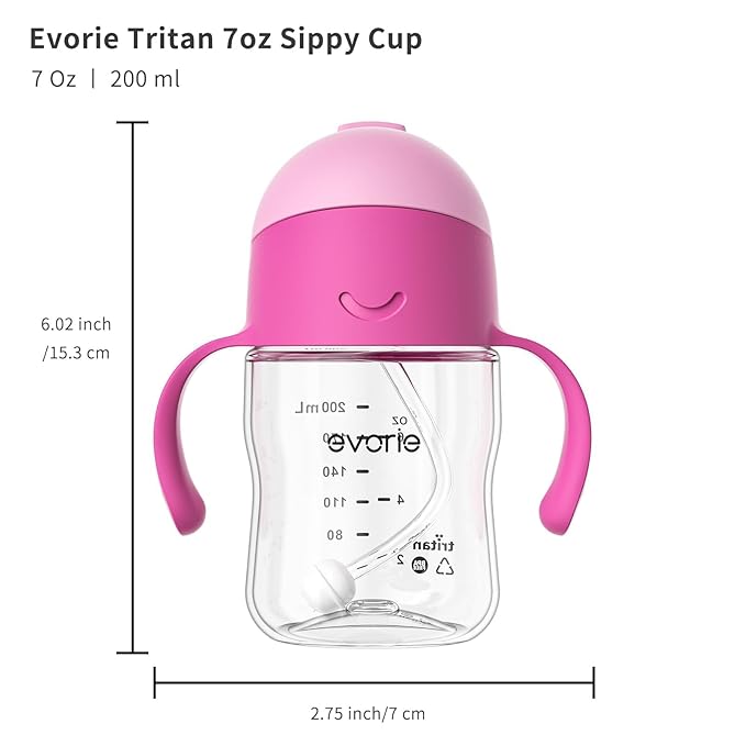 Evorie Tritan Weighted Straw Sippy Cup with Handles for Baby and Toddlers, Spill Proof Baby Water Bottle with Straw for 6 months and up, 7 Oz, Infant Training Water Bottle (Strawberry)