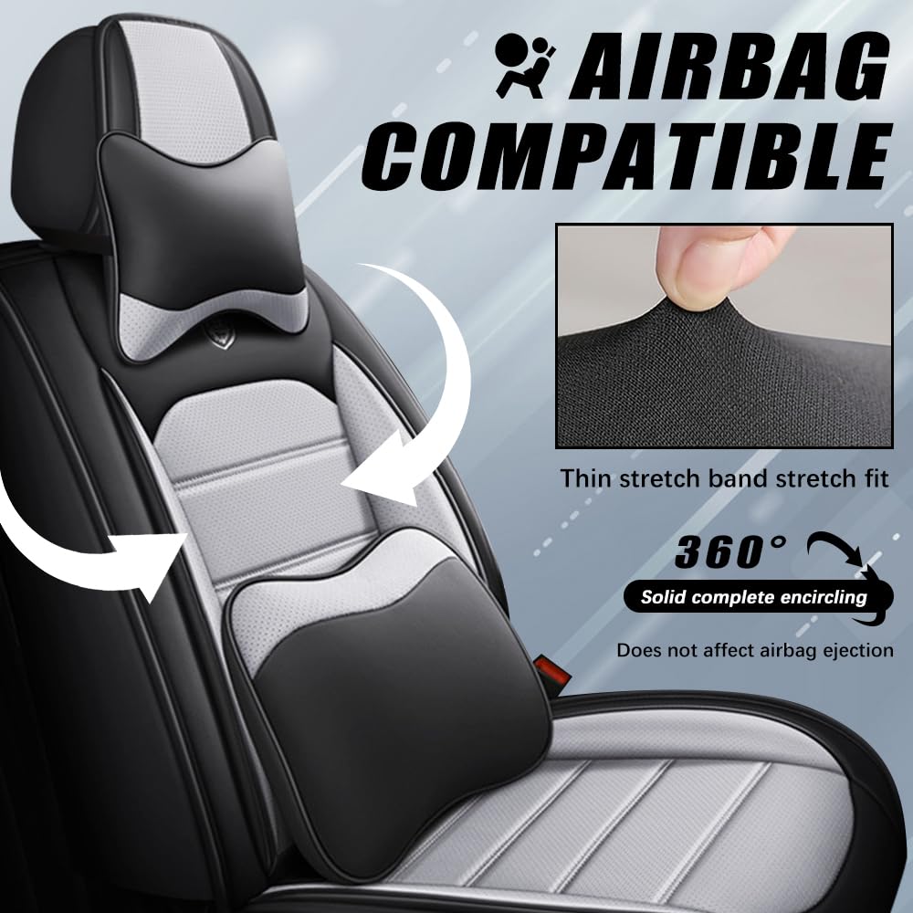 LEYPOCO Leather Seat Cover for Ford Edge 2010-2026,Waterproof Soft Seat Covers,Interior Accessories Seat Covers Cushion Vehicle Protector Airbag Compatible(Black&Gray,Full Set with Pillow)