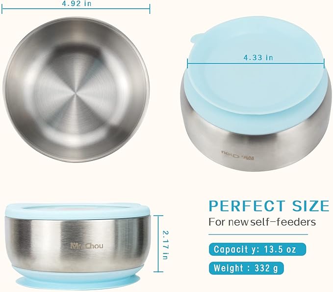 MR. CHOU Baby Bowls with Non-Slip Silicone Suction Cup, Insulated Double-Layer 304 Stainless Steel Toddler Bowls with BPA Free Airtight Lids, Food-Grade Silicone Safe for Kids (Blue)