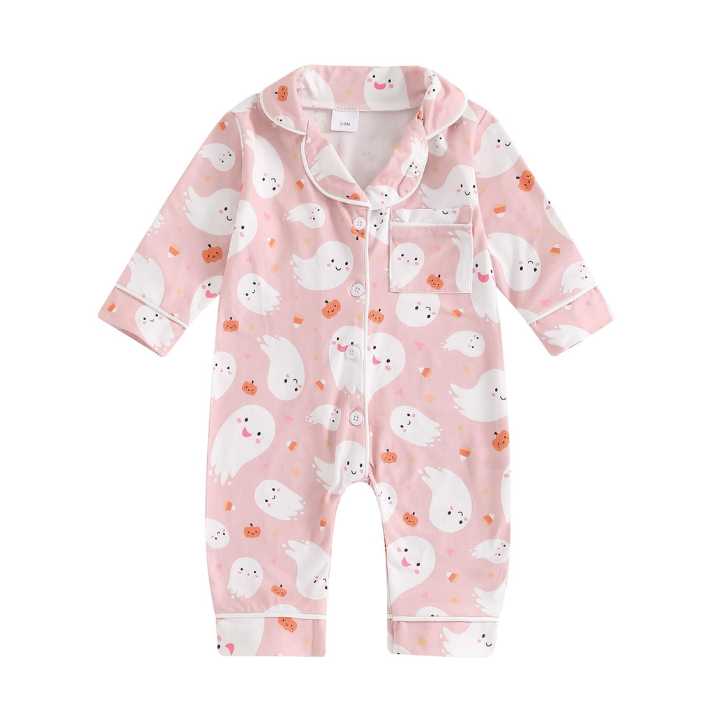Balaflyie Baby Girl Button Down Pajamas Romper One-Piece Jumpsuit Long Sleeve Sleeper Infant Sleepwear (Ghost&Pink,18-24 Months)