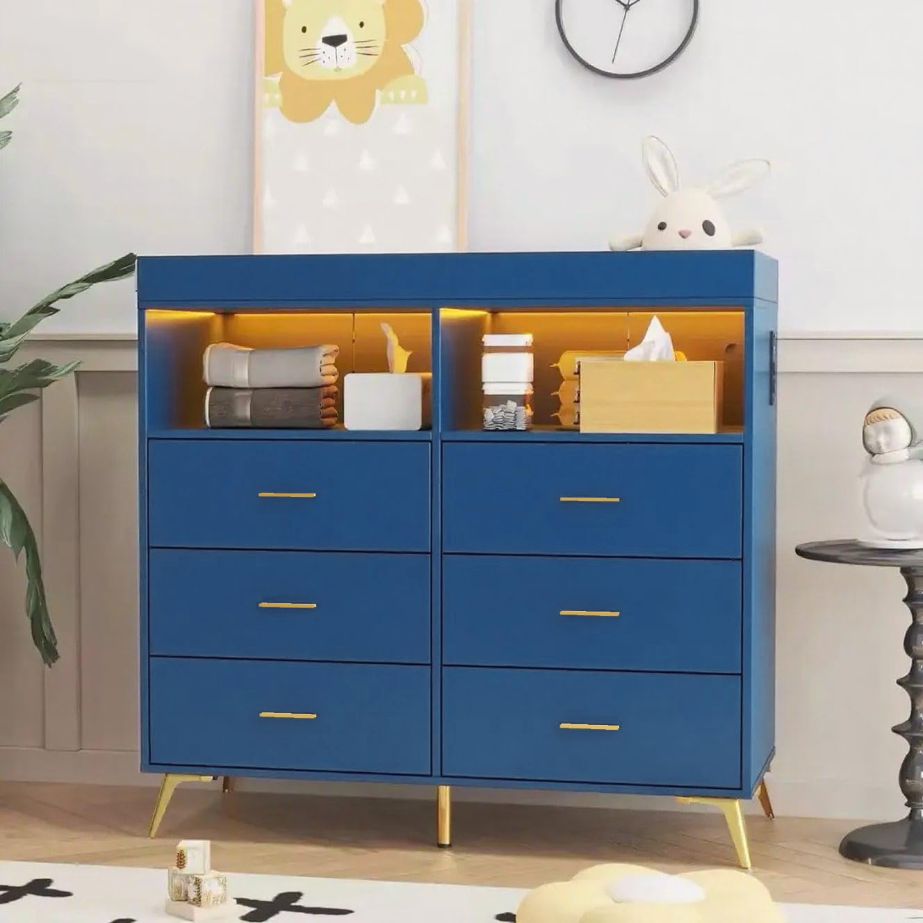 Babevy Changing Table Dresser with Drawers, Baby Dresser with Changing Table Top, Power Outlet, LED Light & Metal Feet, Diaper Changing Station Nursery Organizer for Infants Newborn (Blue)