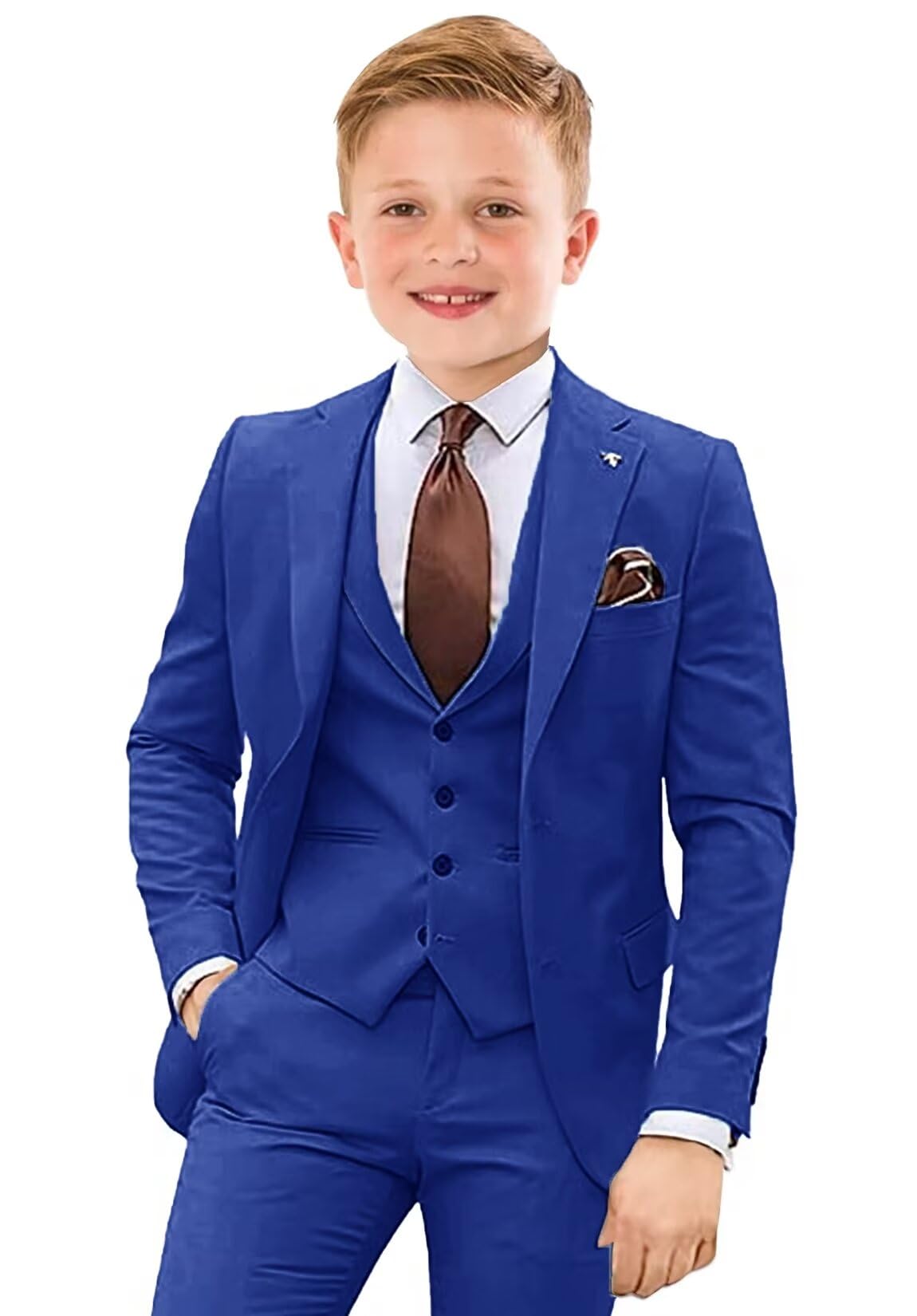 Boys Formal Suits 4 Piece Royal Blue Slim Fit Suit for Boys Wedding Prom Tuxedo Dresswear Blazer Vest Pants Set with Tie Size 7