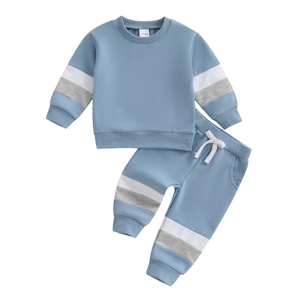 Kupretty Toddler Baby Boy Color Block Sweatshirt Pants Light Blue 6-12M