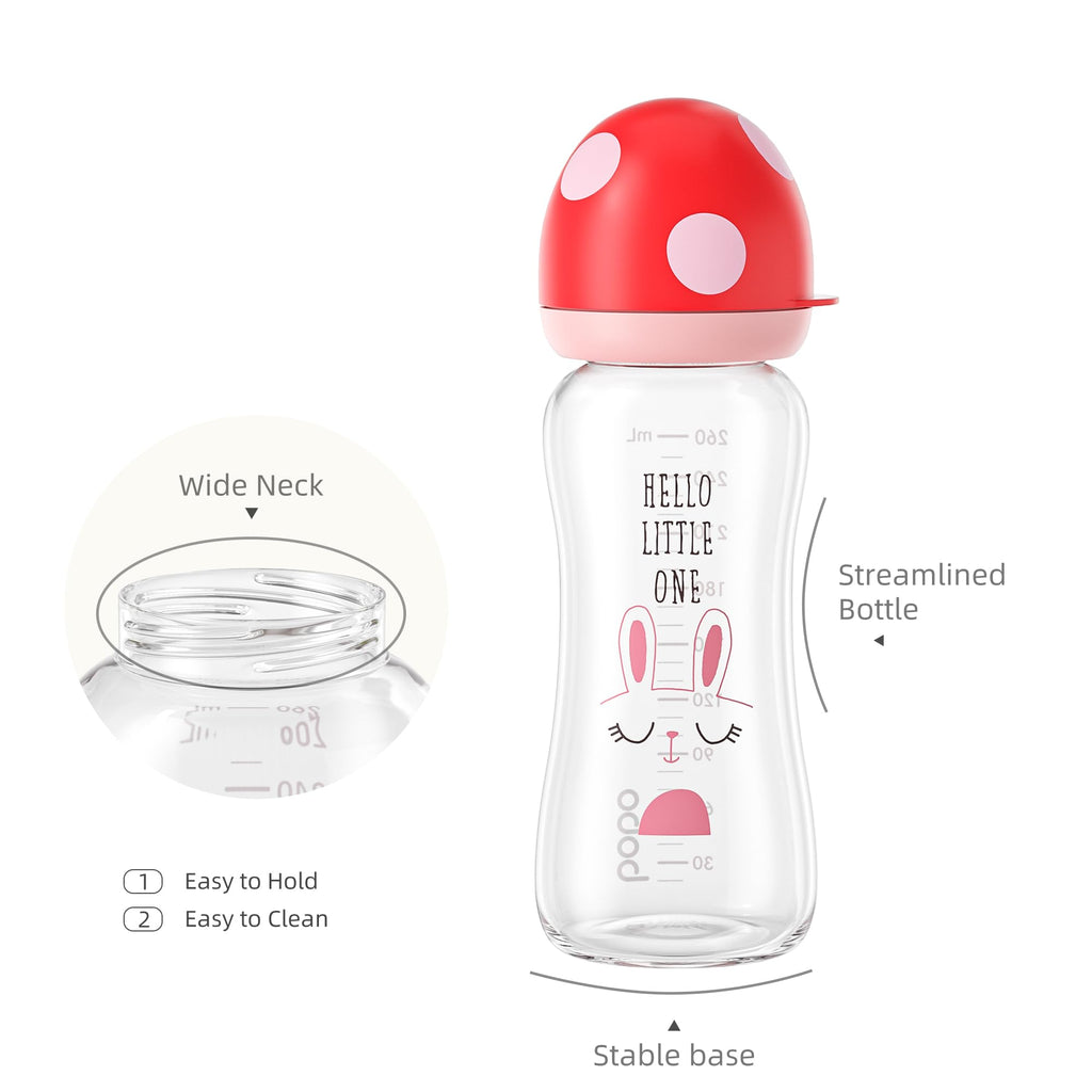 YOHKOH Natural Glass Baby Bottle with Level 2 Medium Flow Nipple, Newborn Anti-Colic Baby Bottles, Wide Neck Mushroom Baby Glass Bottle (8.8ounce (Pack of 4), Multicolour1)